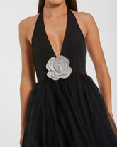 Black Halter Neck Ballgown with Rhinestone Flower